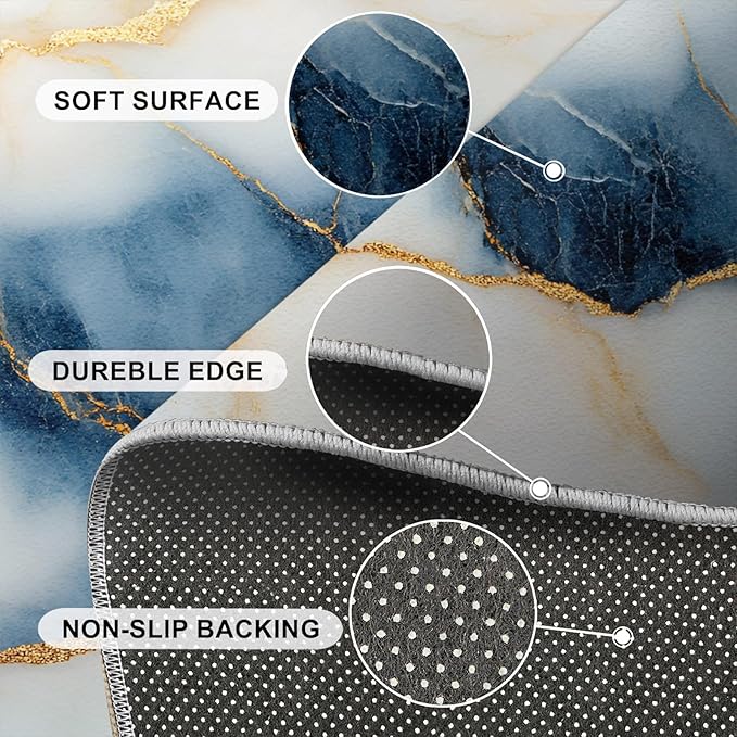 4x6 Abstract Marble Cafe Rug - Blue-White-Marble Rugs for Bedroom Aesthetic, Luxury Stone Pattern Soft Comfortable Non-Slip for Offie Bedroom Study Boy Girl Room Hotel Dorm