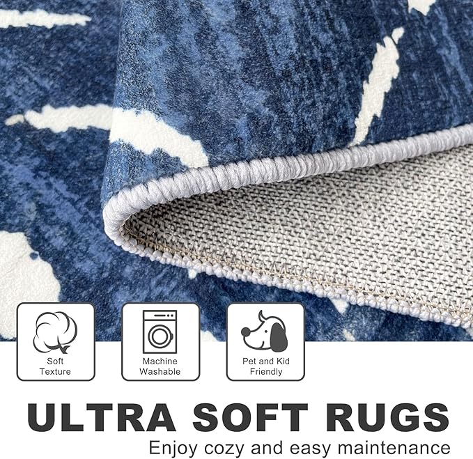KILOCOCO Living Room Rug 5x7 Area Rug Printed Boho Washable Bedroom Rugs Non Slip Soft Large Moroccan Rubber Backed Indoor Rugs for Dining Room Office Farmhouse Geometric Carpet, Blue