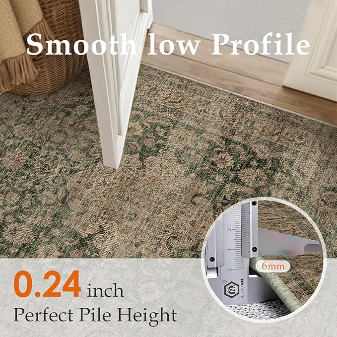 2x3 Washable Vintage Area Rug Green Brown Entryway Kitchen Carpet Non-Slip Soft Low Pile Distressed Indoor Small Throw Rug for Bedroom Bathroom Entrance