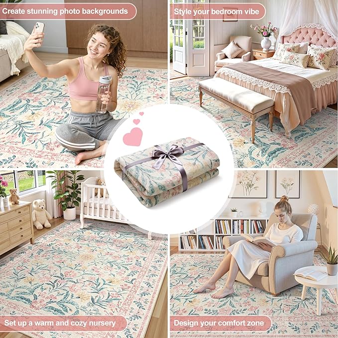 Wonnitar Washable Area Rug 6x9, Pink Floral Rugs for Bedroom Girls Soft Living Room Carpet Ultra-Thin, Boho Non Slip Non-Shedding Pastel Nursery Carpet for Kids Room Playroom Dorm