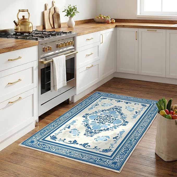 SOULFUL Medium Pile 2x3 Entryway Rug - Soft Foot Feel Small Area Rug - Blue Boho Floral - Washable Non-Slip - Perfect for Hallway Kitchen Bedroom Bathroom Indoor Entrance