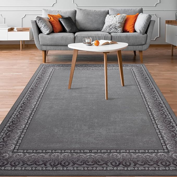 Antep Rugs Alfombras Bordered Modern 4x6 Non-Slip (Non-Skid) Low Pile Rubber Backing Indoor Area Rug (Gray, 4' x 5'8")