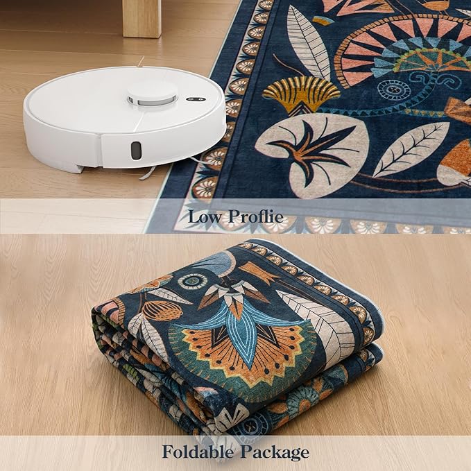 Egypt Floral Washable 5x7 Area Rug for Living Room, Large Boho Bedroom Dining Room Rugs for Under Table, Vintage Non Slip Soft Throw Carpet for Playroom Office Apartment (Dark Blue, 5 x 7)