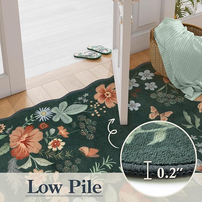 Lahome Floral Washable Runner Rug, 2'6''x8' Soft Hallway Runner Rug Non Slip, Boho Ultra-Thin Kitchen Runners for Hallways Carpet for Laundry Bedroom Bathroom(Dark Green)