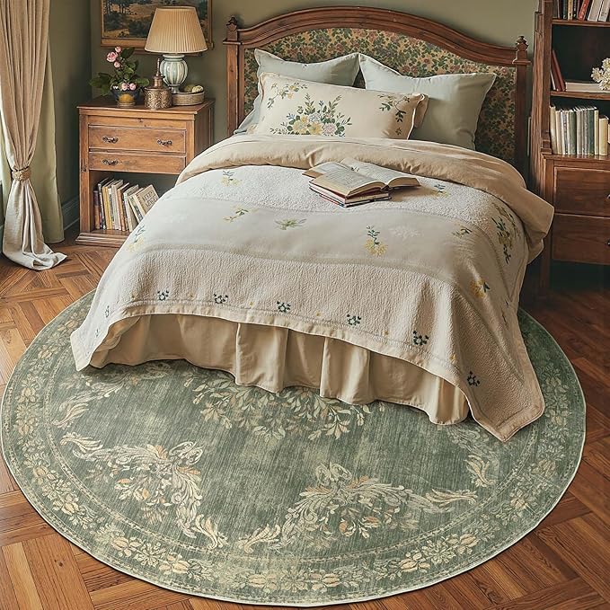 jinchan Round Rug 7ft Area Rugs,Vintage Floral Distressed Design Machine Washable Soft Non-Slip Low-Pile Ultra-Thin Circle Rug for Living Room Dining Room Bedroom Home Office (7' Round,Dark Green)