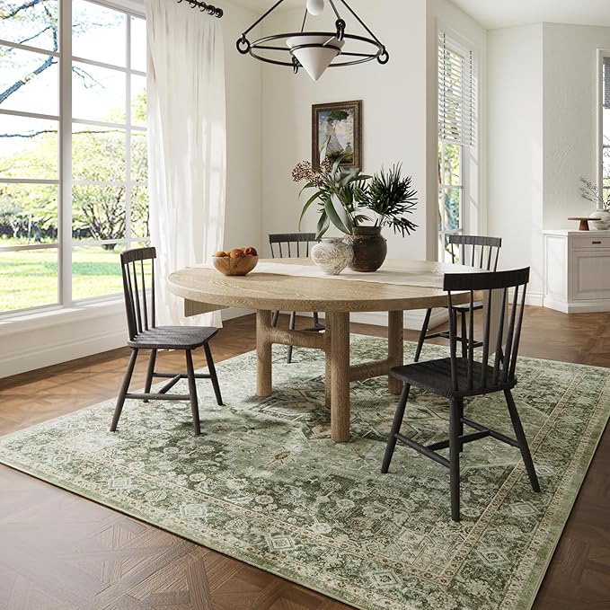 9×12 Machine Washable Rug for Living Room, Boho Vintage 9×12 Area Rug，Distressed Accent Low Pile Ultra Soft Large Carpet for Bedroom Bathroom Dining Room, Floral/Green
