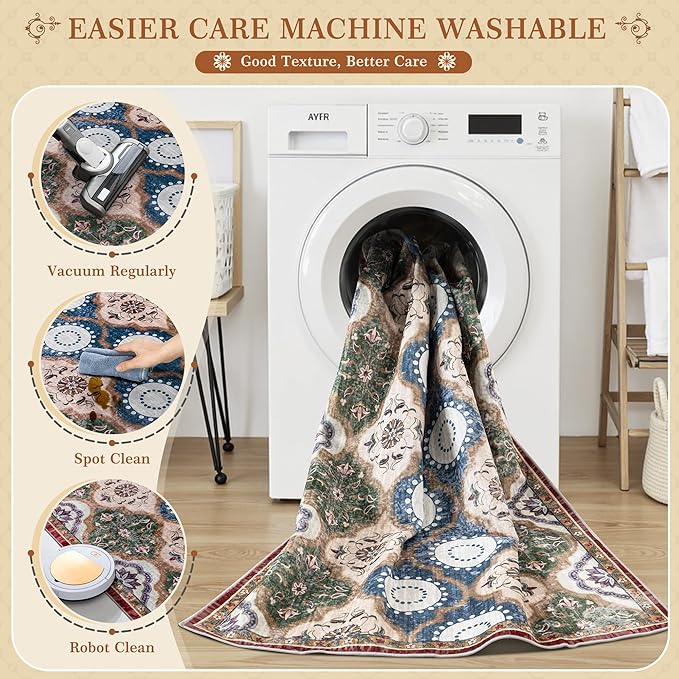 EnHomee Boho Chic 4x6 Washable Rug - Soft, Low Pile & Durable for High-Traffic Living Rooms & Bedrooms Stain Resistant, Non-Slip Easy Clean Carpet in Red&Green