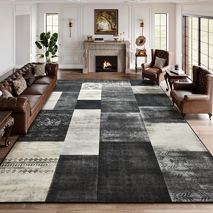 DweIke Washable Area Rugs for Living Room, 5x7 Soft Bedroom Rugs, Geometric Print Non-Slip Modern Rug, Stain Resistant Throw Carpets for Office Nursery Dining Room Home Dorm Decor, Black and White