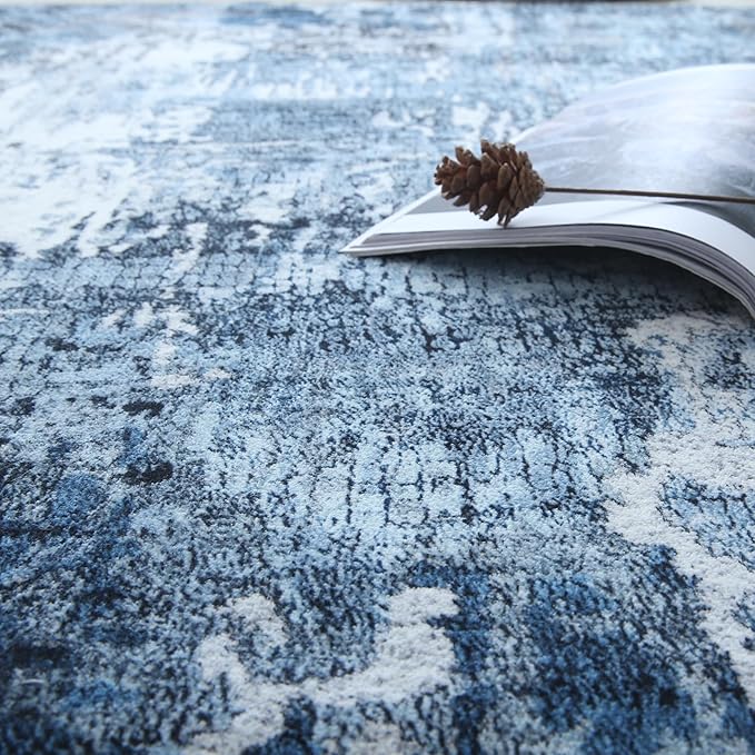 Rugcomf 3x5 Area Rug Blue Soft Abstract Boho Vintage Pattern Non-Slip Non-Shedding Faux Wool Washable for Bedside, Bedroom, Kitchen, Floor, Indoor