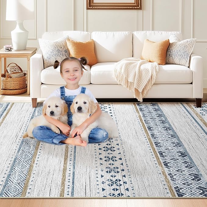 BESTSWEETIE 9x12 Area Rugs for Living Room Washable Moroccan Farmhouse Neutral Geometric Low Pile Non-Slip Soft Print Pattern Rug for Bedroom Kitchen Dining Room Entryway Blue/Brown
