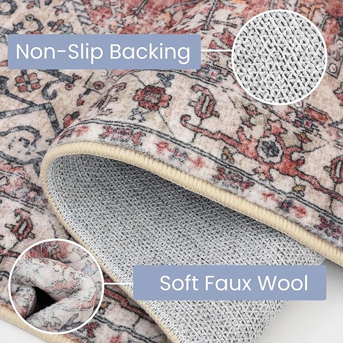 KOZYFLY Runners for Hallways 2x5 Ft Washable Kitchen Runner Rug Boho Runner Rug for Entryway Indoor Printed Oriental Faux Wool Floor Carpet Runner for Laundry Room Kitchen Hall, Terracotta/Beige