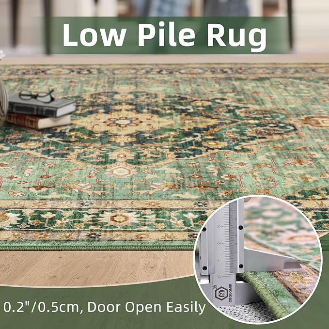9x12 Rugs for Bedroom, Vintage Washable Rugs Non Slip Large Area Rug for Living Room Dining Room Office, Floor Decoration Big Rug Carpet Low-Pile Kid & Pet Friendly(Border Green)