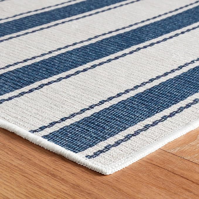 Dash & Albert Awning Stripe Blue Machine Washable Rug, 3 X 5 Feet, Blue Stripe Pattern