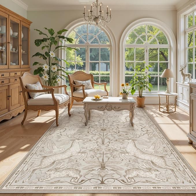 Lahome Boho Animal 6x9 Washable Living Room Area Rugs, Beige Soft Rugs for Bedroom, Botanical Large Boho Non Slip Dining Room Carpet for Under Table Office Kids Playroom (6x9ft,Beige)