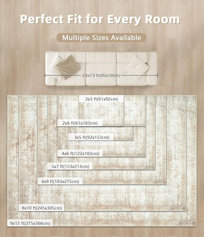 Vintage Living Room Area Rug - 5x7 Large Machine Washable Boho Moroccan Distressed Farmhouse Rugs for Bedroom - Soft Non-Slip Indoor Floor Accent Rugs for Office Dining Room (Beige, 5' x 7')