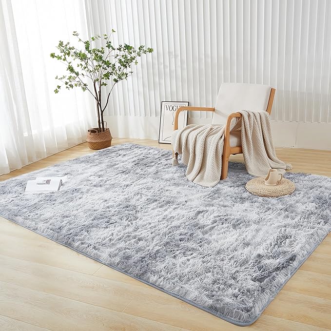 Andency Soft Area Rugs for Living Room Bedroom, 5x8 Fluffy Shaggy Bedside Rug, Non-Slip Large Shag Fuzzy Plush Carpets for Bedroom Kids Dorm Nursery Home Decor Aesthetic, Tie-Dyed Light Grey