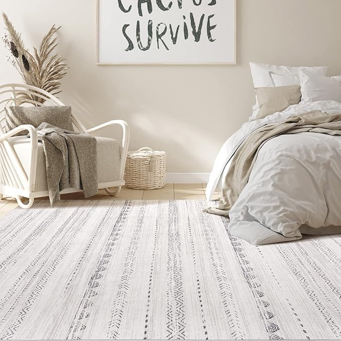 Nakagishi 5x8 Area Rug Living Room: Washable Boho Large Neutral Soft Farmhouse Rugs Stain Resistant Modern Indoor Floor Non-Slip Carpet for Bedroom Nursery Kids Playroom Office Dining Room Dorm- Gray