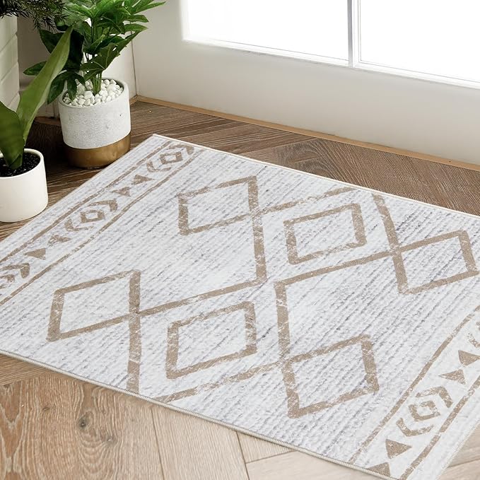 jinchan Moroccan 2x3 Rug for Entryway - Machine Washable Rug Modern Geometric Kitchen Soft Faux Wool Non-Slip Indoor Doormat Ultra-Thin Carpet for Entrance Bathroom Bedroom Living Room (2x3ft, Taupe)