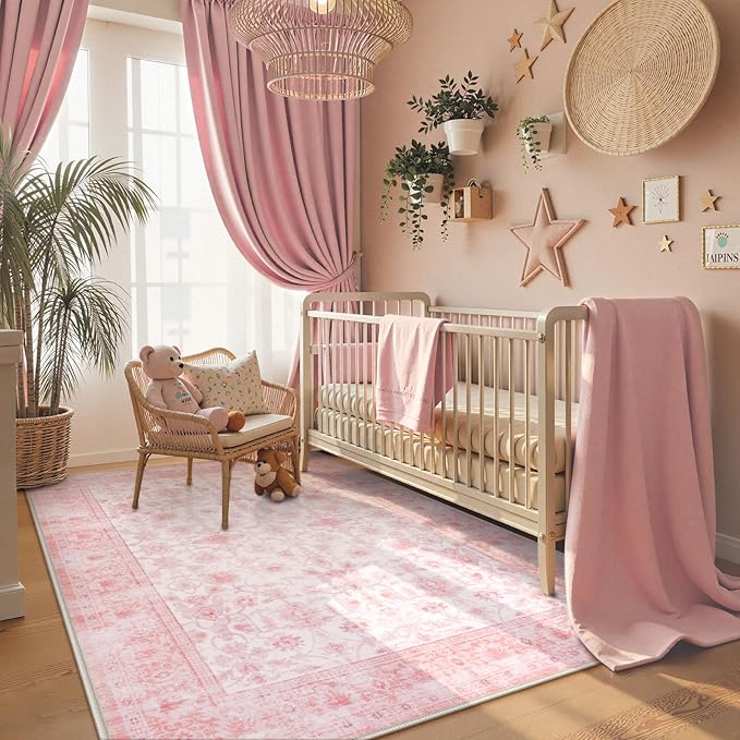LIVEBOX Pink Area Rug 5x7, Vintage Living Room Rug Machine Washable Area Rugs, Pink Rugs for Bedroom Girls, Indoor Carpet for Dining Room Nursery Dorm Home Decor