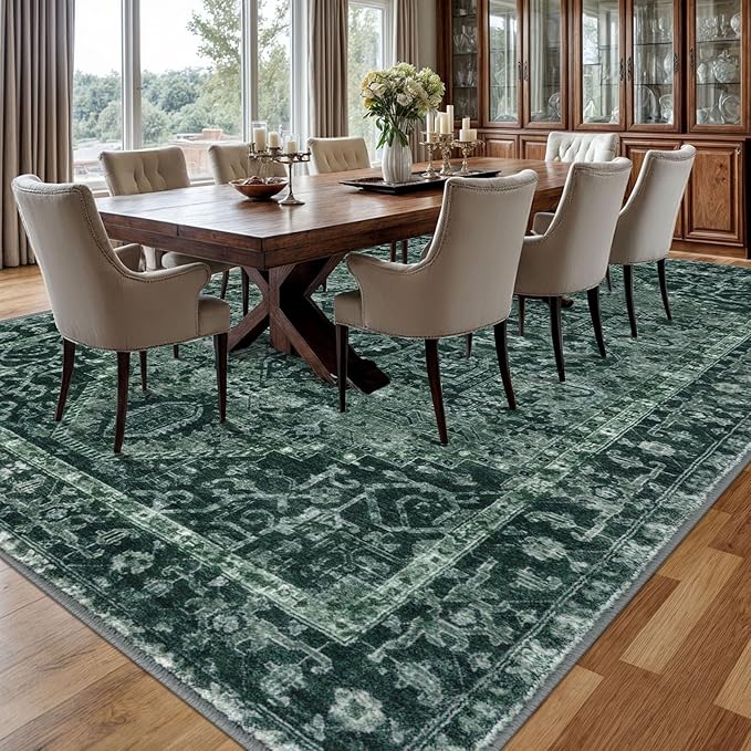 KOZYFLY Area Rug 9x12 Ft Thin Rugs for Living Room Washable Bedroom Rug Non Slip Rugs for Living Room Printed Faux Wool Vintage Bedroom Rug Floor Carpet for Dining Room, Dark Green
