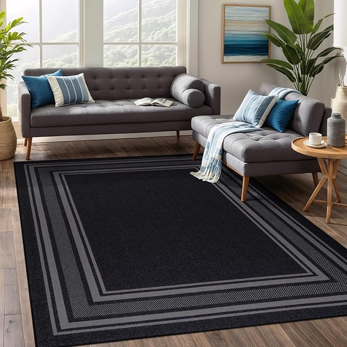 Beverly Rug Non Slip Area Rugs 5x7 Modern Bordered Non Skid Rubber Backing Soft Area Rug for Living Dining Room Easy to Clean Non Shedding Kitchen Bedroom Indoor Carpet 5 x 7 Black