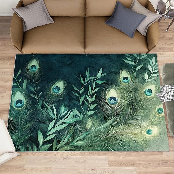 Peacock Feather Rugs for Living Room - 6x8 Rug, Peacock Decor Area Rugs for Bedroom, Teal Turquoise Rug, Plant Washable Carpet, Malachite Green Feather Carpet - Peafowl Home Decor & Gifts