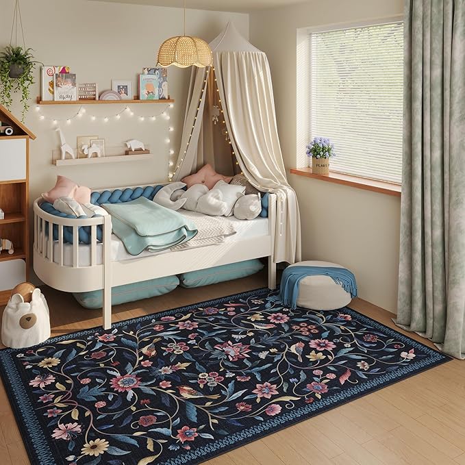 Vintage Medallion Floral 3x5 Washable Rug, Soft Low Pile Area Rug, Non-Slip Carpet for Bedside, Bedroom, Bathroom, Entryway, Kitchen, Office, Kids/Girls Room | Blue