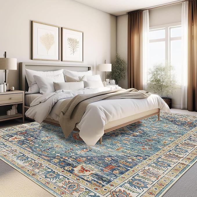 Enkor Area Soft Rugs 9x12 Washable Non Slip Boho Floor Rugs for Living Room Bedroom, Vintage Style Farmhouse Mat for Kitchen Entryway Green & Blue