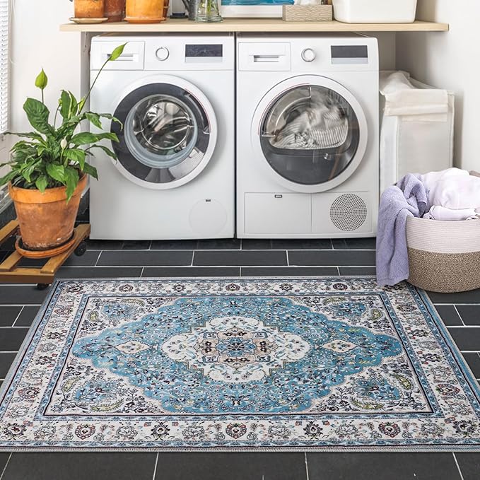 COMSLE Area Rug 3x5 Faux Wool Rugs for Kitchen, Boho Washable Throw Rugs Non-Slip Distressed Carpet Soft Accent Floor Rug for Bedroom, Living Room, Laundry Room (Light Blue)