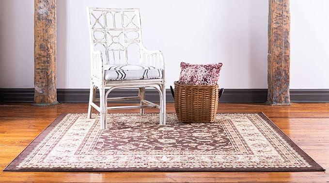Unique Loom Voyage Collection Traditional Oriental Classic Intricate Design Area Rug (4' 0 x 4' 0 Square, Brown/Ivory)