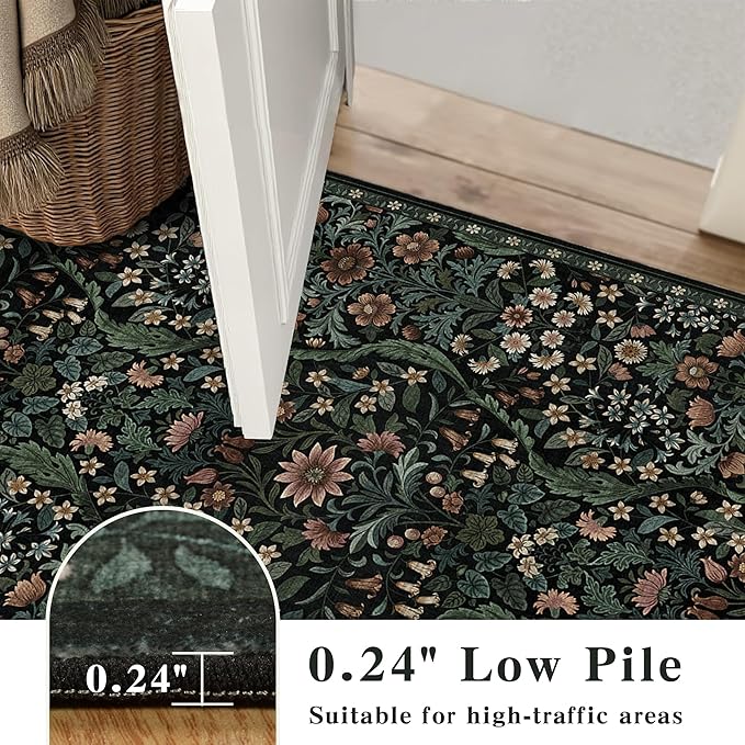 Floral Washable 6x9 Area Rug，Black Boho Rugs for Living Room, Soft Low-Pile Non-Slip Stain Resistant & Non-Shedding Carpet for Bedroom, Dining Room, Office, Entryway, Nursery