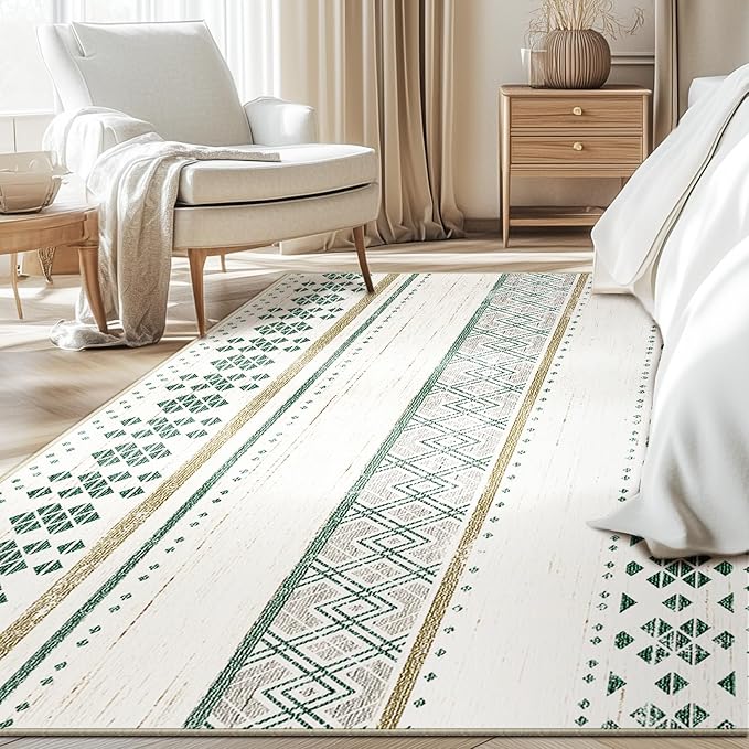 BESTSWEETIE 6x9 Area Rugs for Living Room Washable Moroccan Farmhouse Neutral Geometric Low Pile Non-Slip Soft Print Pattern Rug for Bedroom Kitchen Dining Room Entryway Green/Brown/Brown