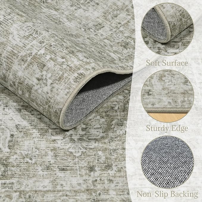 2'x6' Washable Runner Rug Utral Soft Lightweight Vintage Boho Distressed Non-Slip Backing,Low Pile Stain Resistant Farmhouse Rug for High-Traffic Hallway, Kitchen & Laundry