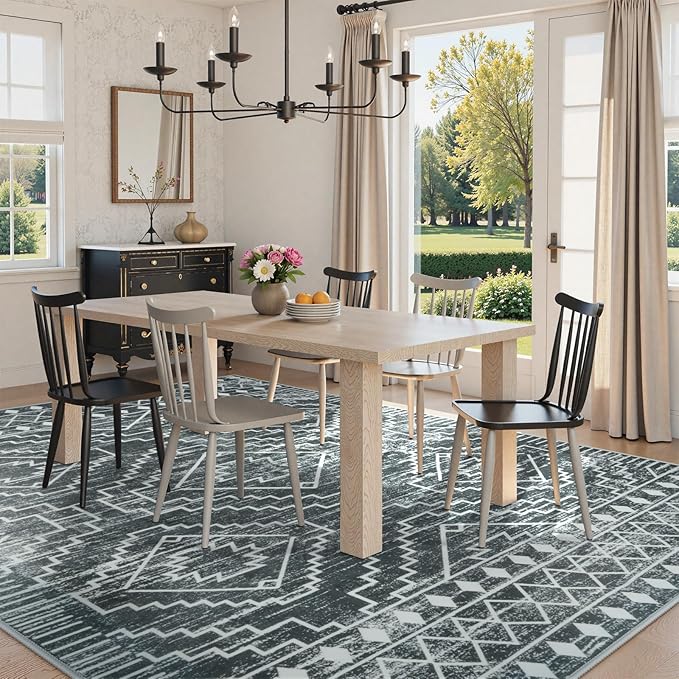 Wonnitar Moroccan 8x10 Area Rugs for Living Room, Washable Large Grey Rug for Bedroom, Non-Slip Soft Thin Stain Resistant Boho Tribal Floor Carpet for Dining Guest Room Office (Dark Grey,8'x10')