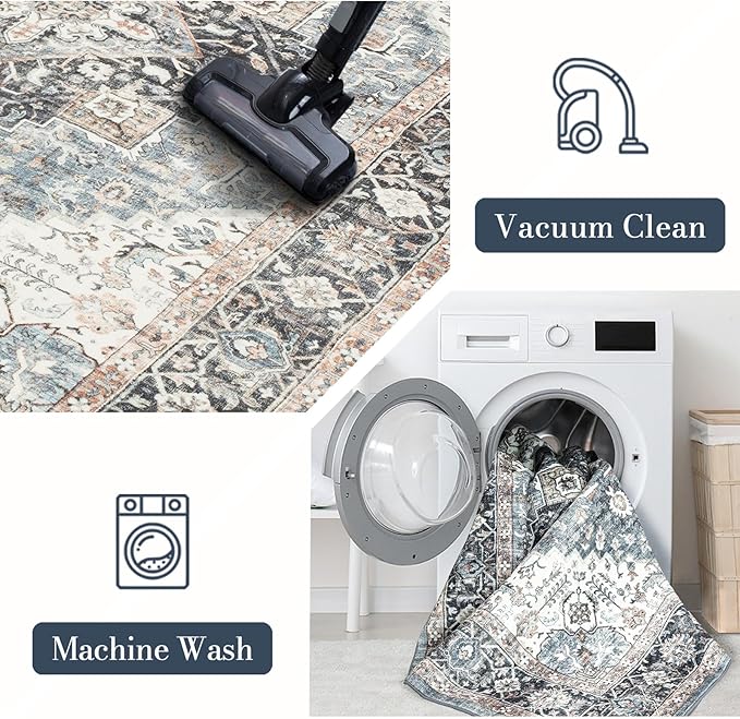 Area Rug 6×9, Large Vintage Boho Rug,Ultra-Soft Low Pile, Washable, Non Slip,Stain Resistant, Printed Carpet for Living Room Bedrooms Playroom Office Kitchen, Blue/Navy