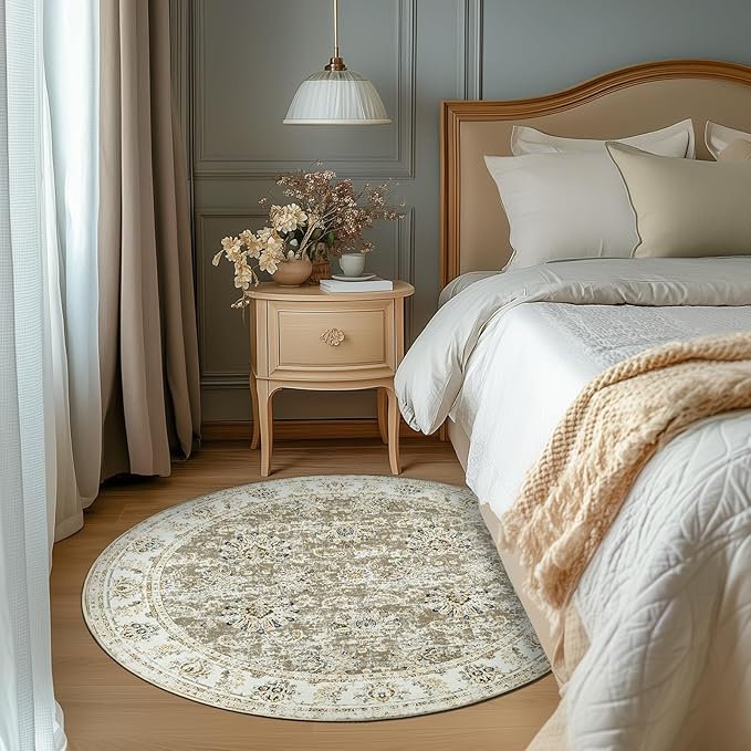 jinchan Fiora Round Rug 4ft Area Rugs Vintage Floral Distressed Design - Machine Washable Non-Slip Low-Pile Ultra-Thin Circle Rug for Entryway Bedside Living Room Dining Room Bedroom (4' Round, Taupe)