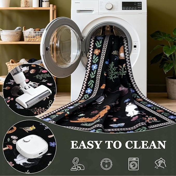 8x10 Area Rugs Living Room Rug: Vintage Washable Rug Floral Soft Carpet Indoor Floor Non-Slip Boho Stain Resistant Large Carpets for Bedroom Kids Nursery Dining Room Farmhouse Home Office Black/C01