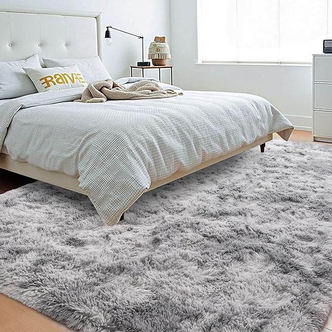 Beglad Fluffy Area Rugs 4x6 Feet, Modern Minimalist Style Shag Rugs, Non-Slip Indoor Carpet Soft Rugs for Bedroom, Living Room & Kids Room, Tie-Dyed Light Grey