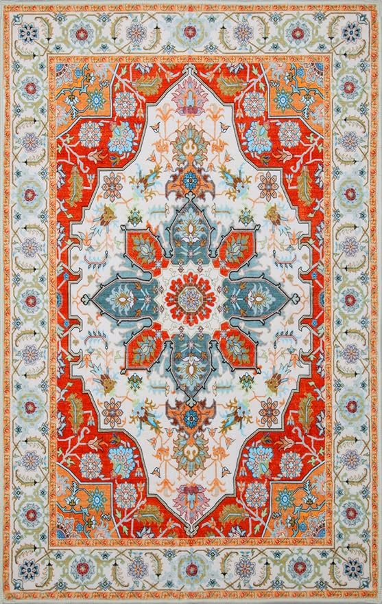 WILLSUN Washable Area Rugs, 4x6 Non-Slip Boho Large Area Rugs for Living Room, Bedroom, Machine Washable Vintage Rug, Indoor Floral Print Carpet for Home Decor, Kid & Pet Friendly Mat