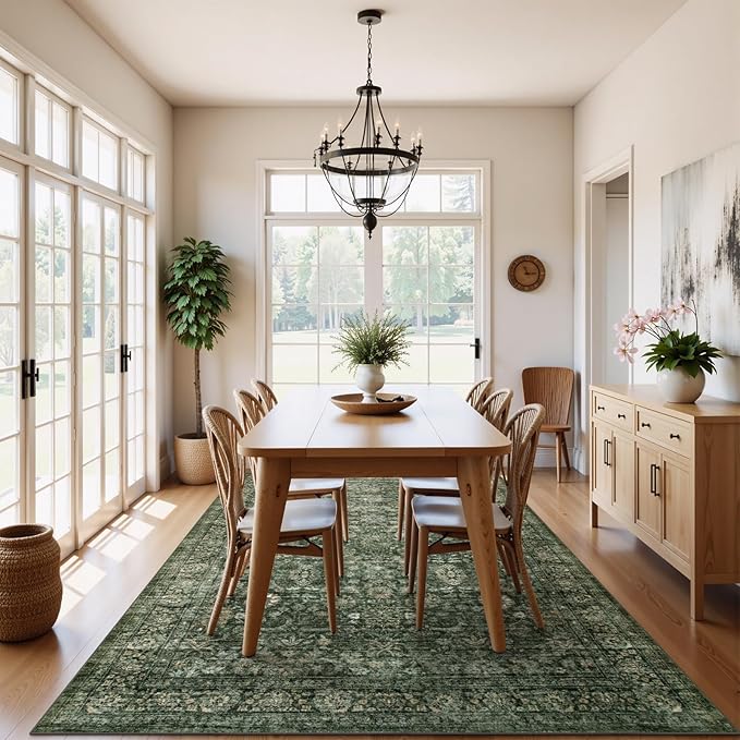Morebes Vintage Large Rugs for Living Room, Washable 8x10 Area Rugs Non Slip,Soft Dark Green Rug for Bedroom,Distressed Non-Shedding Throw Rug for Entryway Kitchen Foyer Playroom