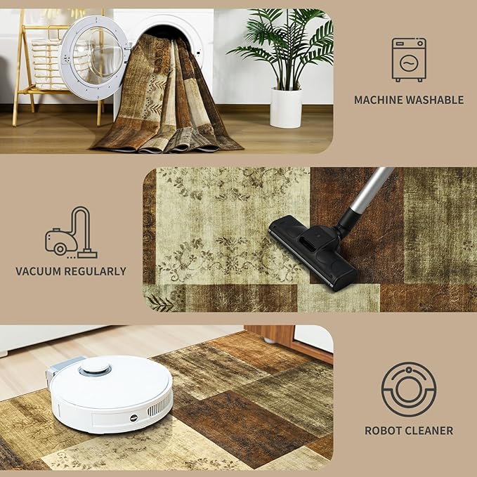 DweIke Large Modern Washable Area Rugs 8x10, Living Room Rug Non-Slip and Non-Shedding Large Rugs for Bedroom, Low Pile Indoor Rubber Backed Carpets for Dining Office Home Decor, Brown