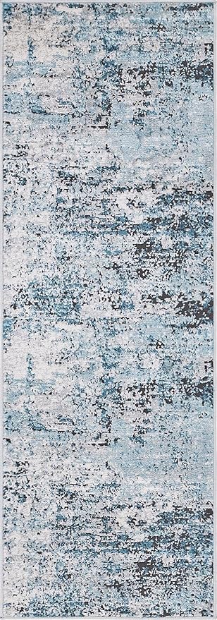 Rugs.com Leipzig Collection Runner Rug – 6 Ft Runner Blue Low-Pile Rug Perfect for Hallways, Entryways