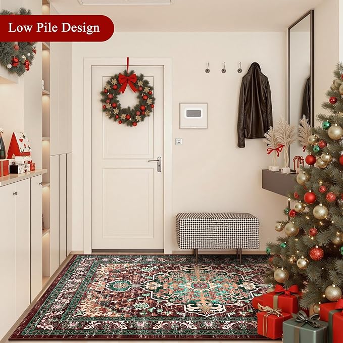 U'Artlines Boho Vintage Round Area Rug 4ft Machine Washable Low Pile Soft Floor Carpet Non Slip Non Shedding Accent Rug for Living Room Bedroom Entryway Dining Room Office Rust＆Teal