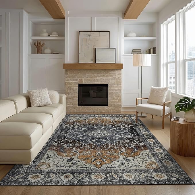 Washable Rugs 5x7 Area Rugs for Living Room, Thin Carpet for Bedroom, Soft Faux Wool Retro Dining Room Rug，Non Slip&Non-Shedding Resistant Low Pile Vintage Print Rug for Home Office (Tan/Gray)