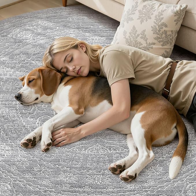 8ft Round Rug Living Room: Washable Large Vintage Rug Neutral Non-Slip Soft Stain Resistant Indoor Carpet for Bedroom Nursery Dining Room Under Table Bed Home House Office Playroom - Grey