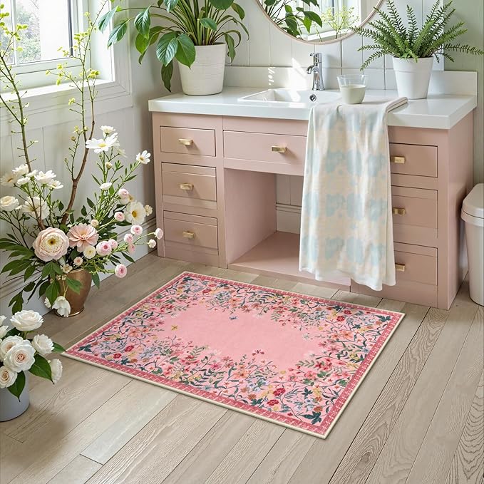 Wonnitar 2x3 Pink Bathroom Rugs Non Slip Washable, Floral Small Area Rugs for Entryway, Low Pile Soft Door Mat Indoor Entrance Throw Carpet for Kitchen Bedside Laundry Room (Pink,2'x3')