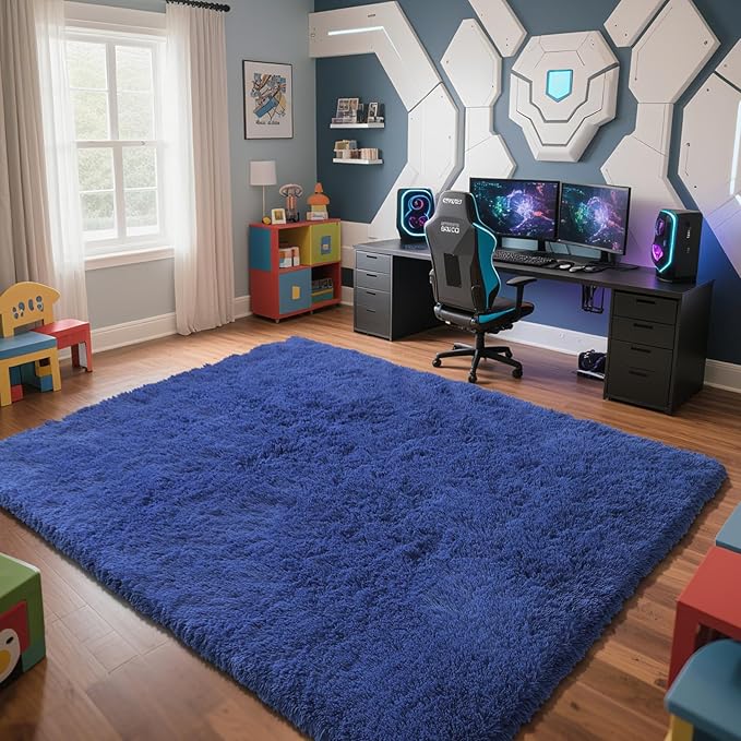 Blue Fluffy Rug Shaggy Area Rug, 8x10 Area Rugs for Girls Bedroom, Big Soft Shaggy Bedside Non-Slip Plush Dorm Nursery Kids Carpet Home Decor Aesthetic