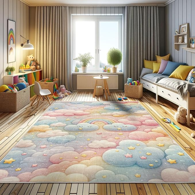 Ambesonne Cartoon Sky Decorative Rug, Dreamy Colors Celestial Atmosphere with Starry Kawaii Clouds Rainbow, Quality Carpet for Bedroom Dorm and Living Room, 2' 2" x 3' 7", Blush Mustard Blue