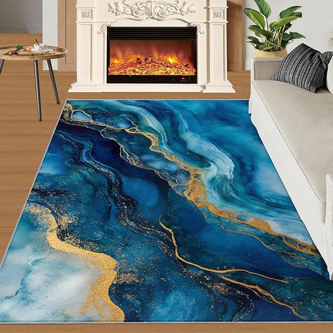 Blue Gold Marble Rugs for Bedroom - 5x8 Area Rug - Modern Fashion Marble Rugs for Living Room, European Light Luxury Art Rug, Washable Home Decor Carpet
