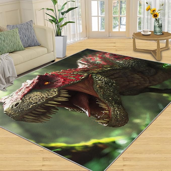 Dinosaurs Rugs for Bedroom - 5x8 Area Rug - 3D Dinosaurs Rugs for Living Room, Forest Animals Rug, Non-Slip Washable Home Decor Carpet